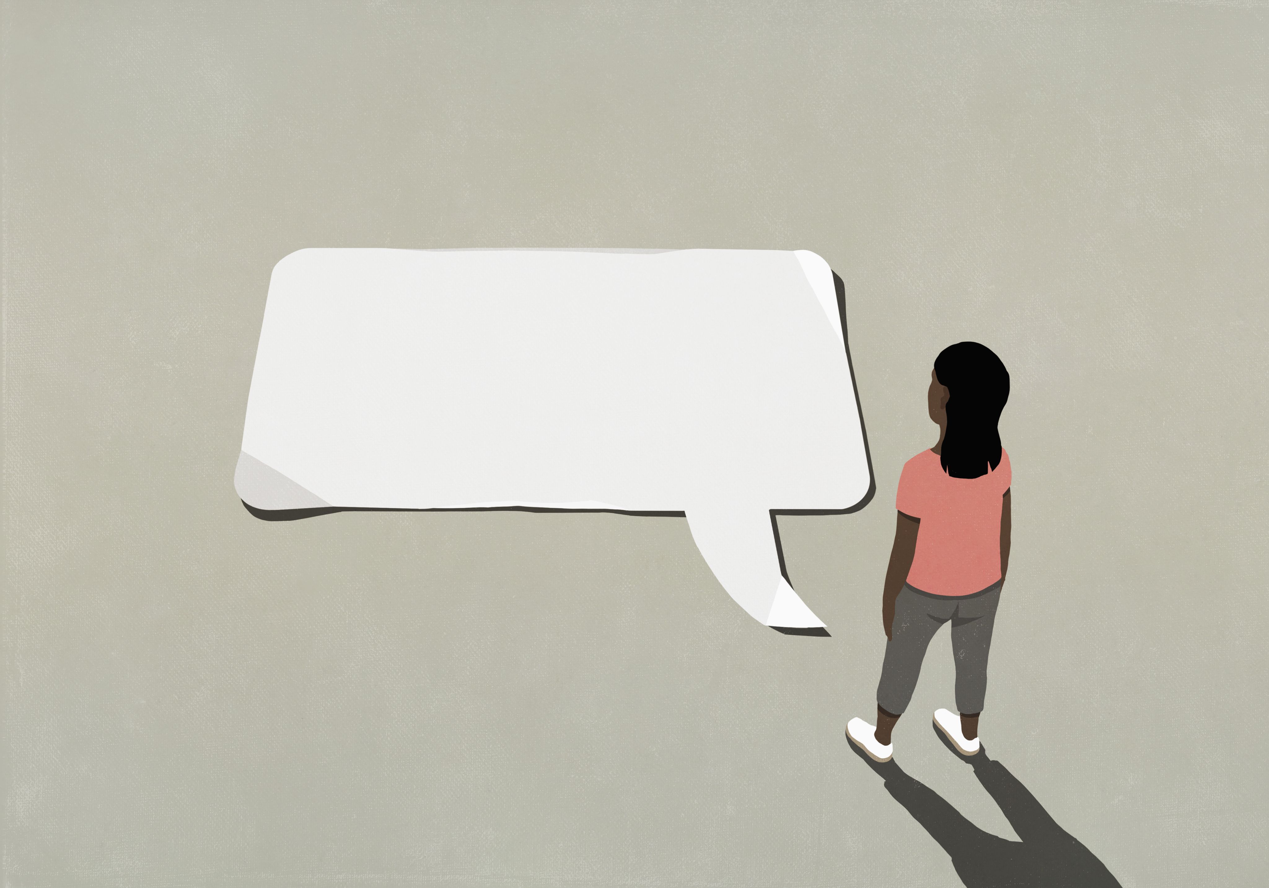 An illustration of a woman staring at an empty chat bubble.