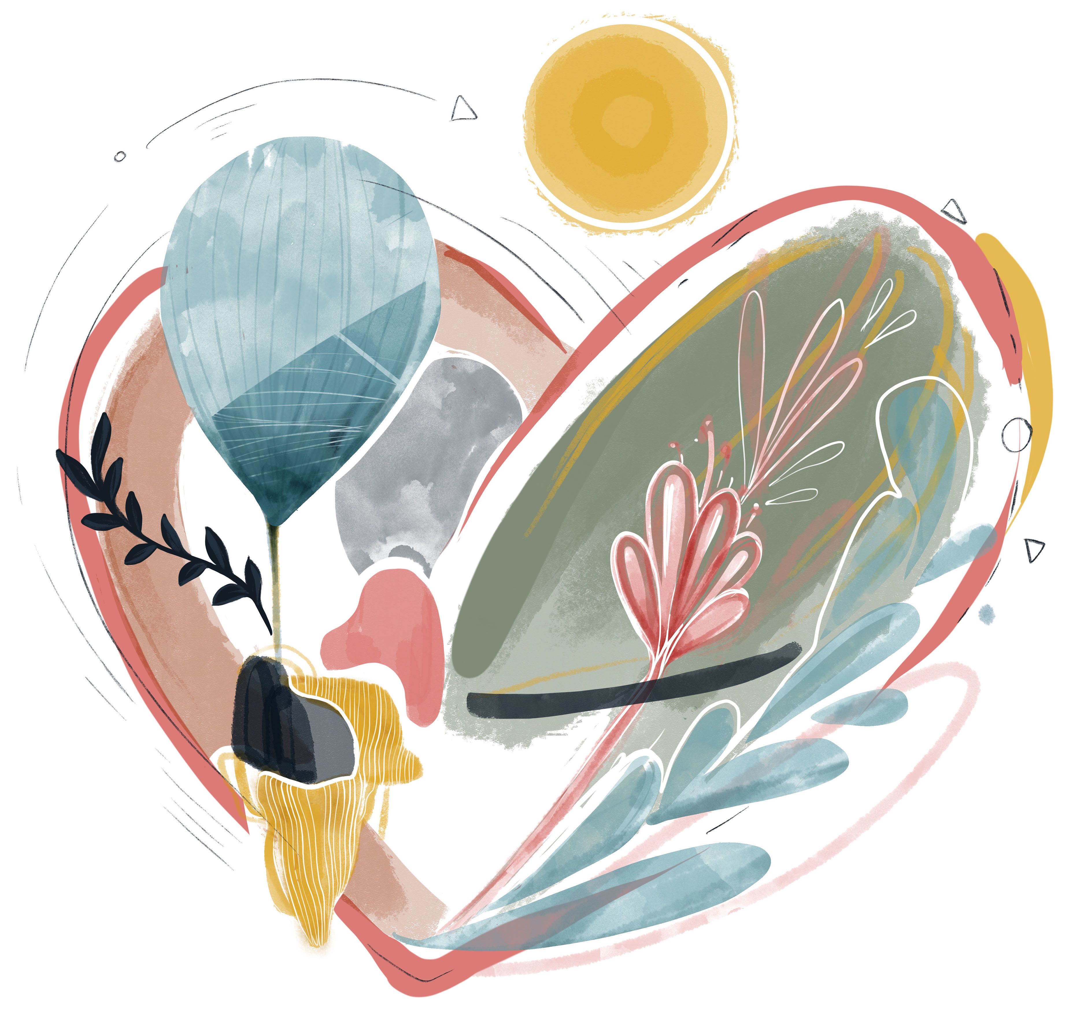 An illustration of a balloon, heart, and sun, representing heart health.