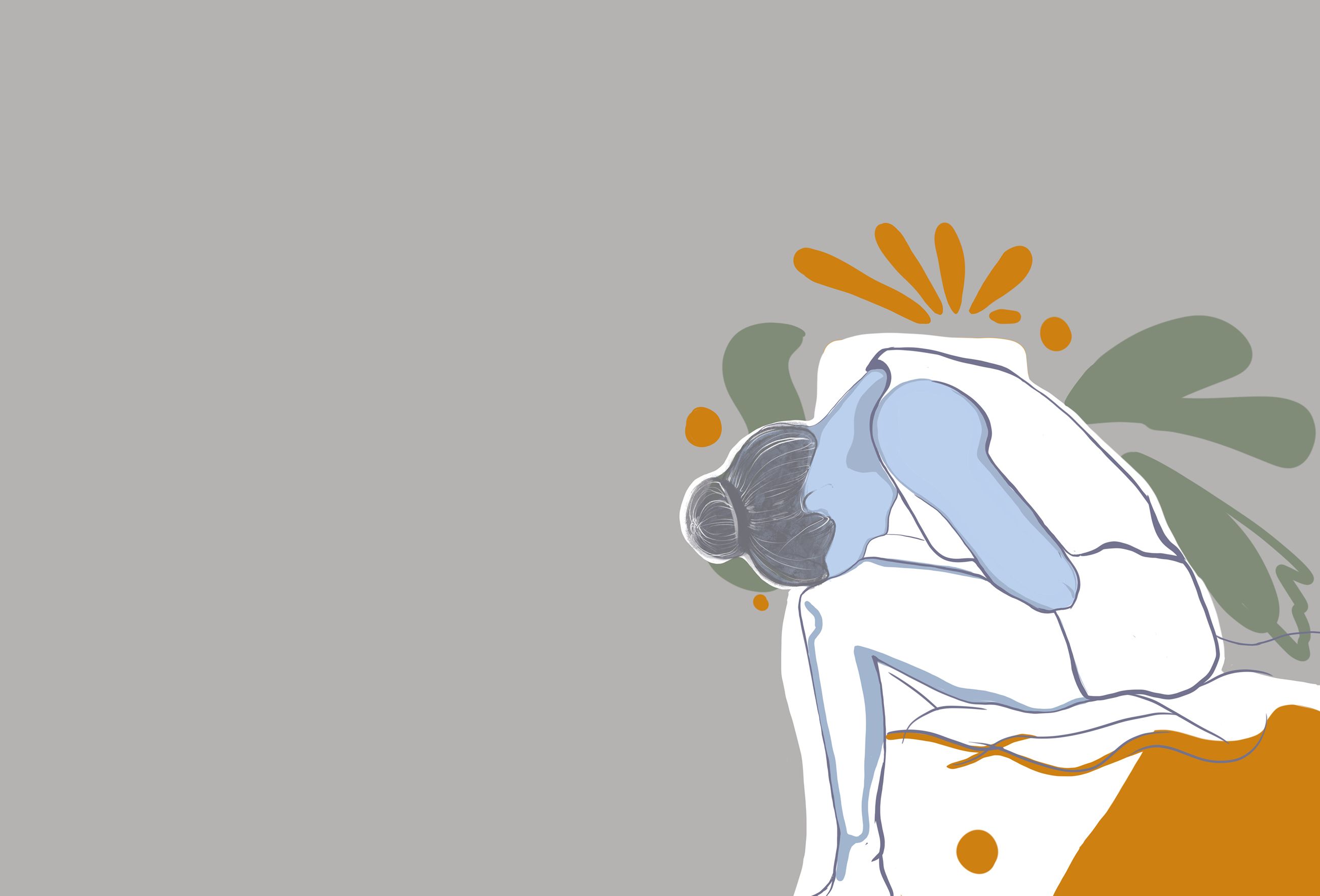 An illustration of a woman experiencing stomach pain due to irritable bowl disease.