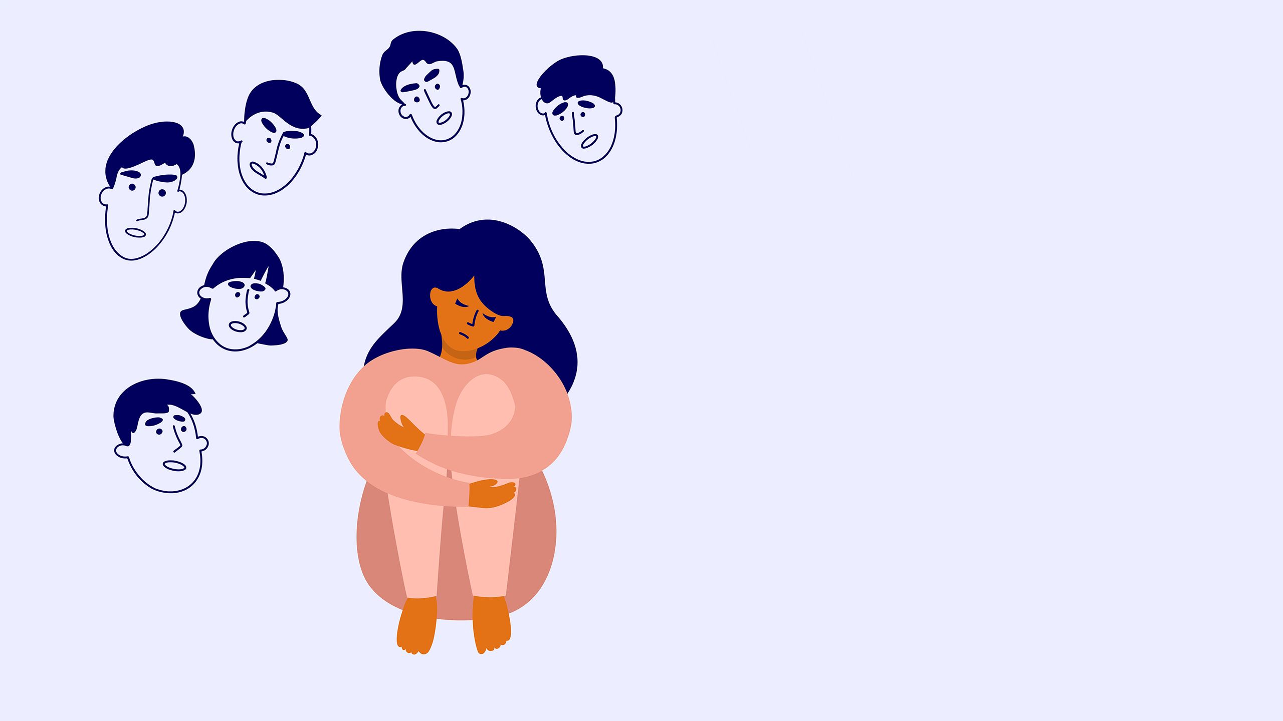 An illustration of girl with faces around her.