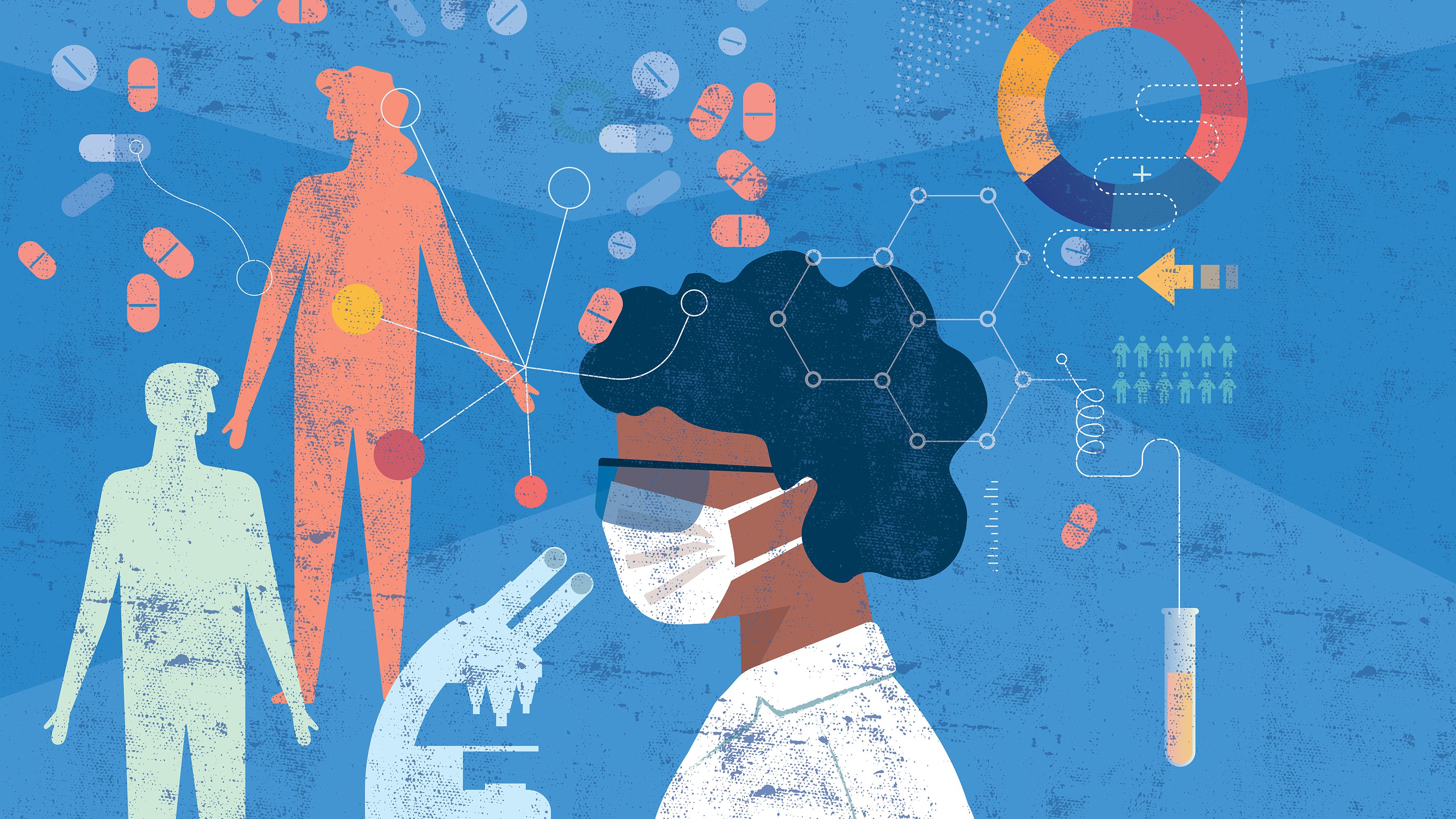 Illustration of a doctor of color analyzing data on a microscope.