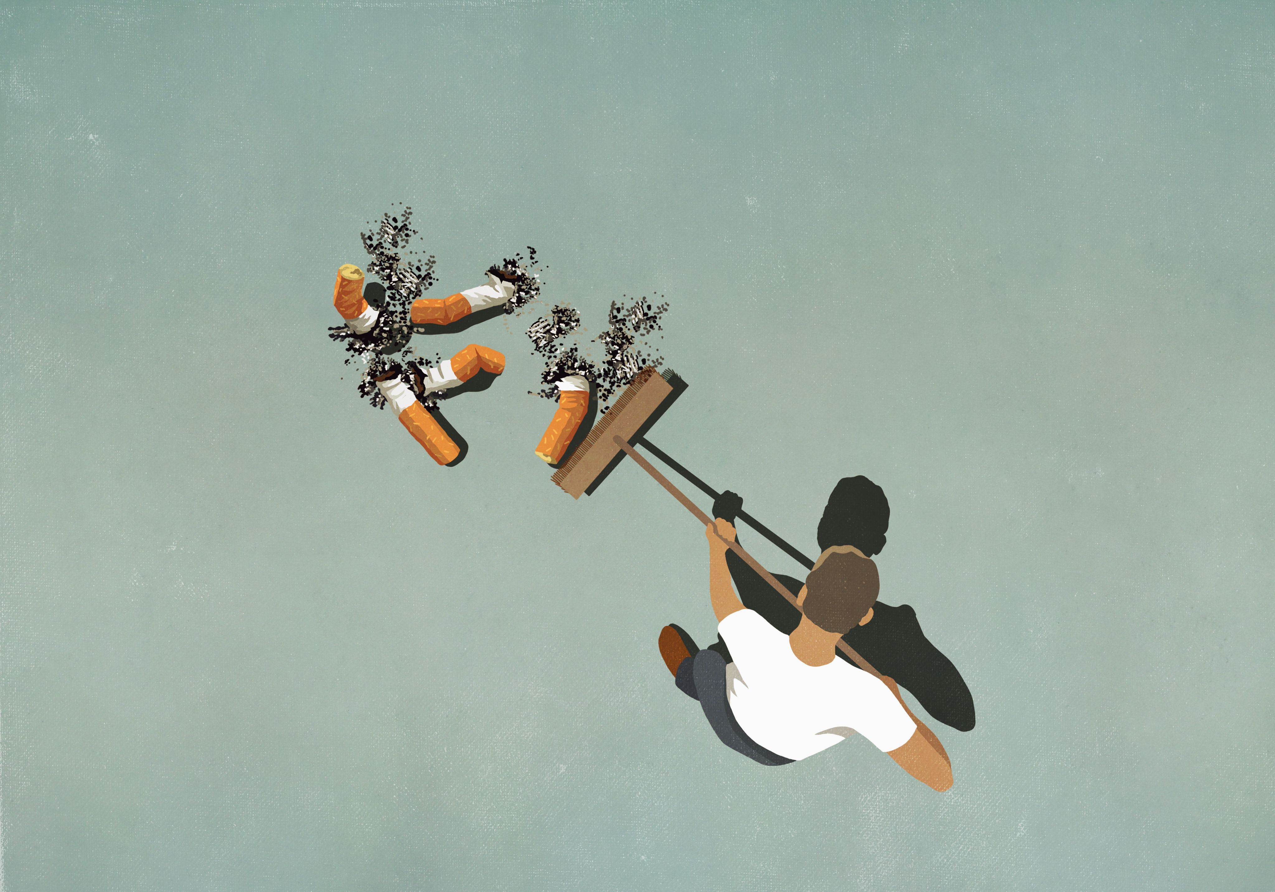 Illustration of a man pushing cigarettes with a broom.