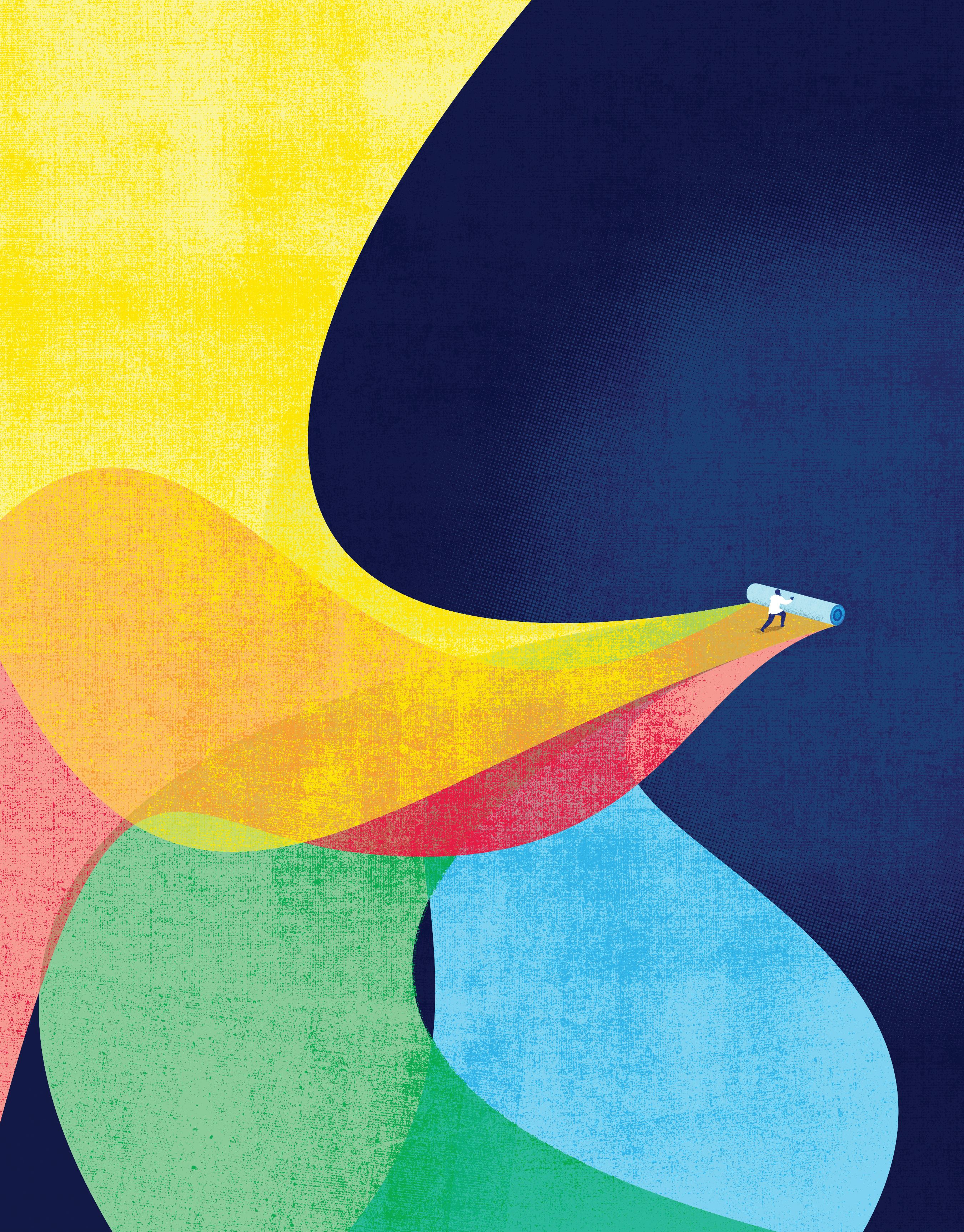 Illustration of a man pushing colors through the dark.