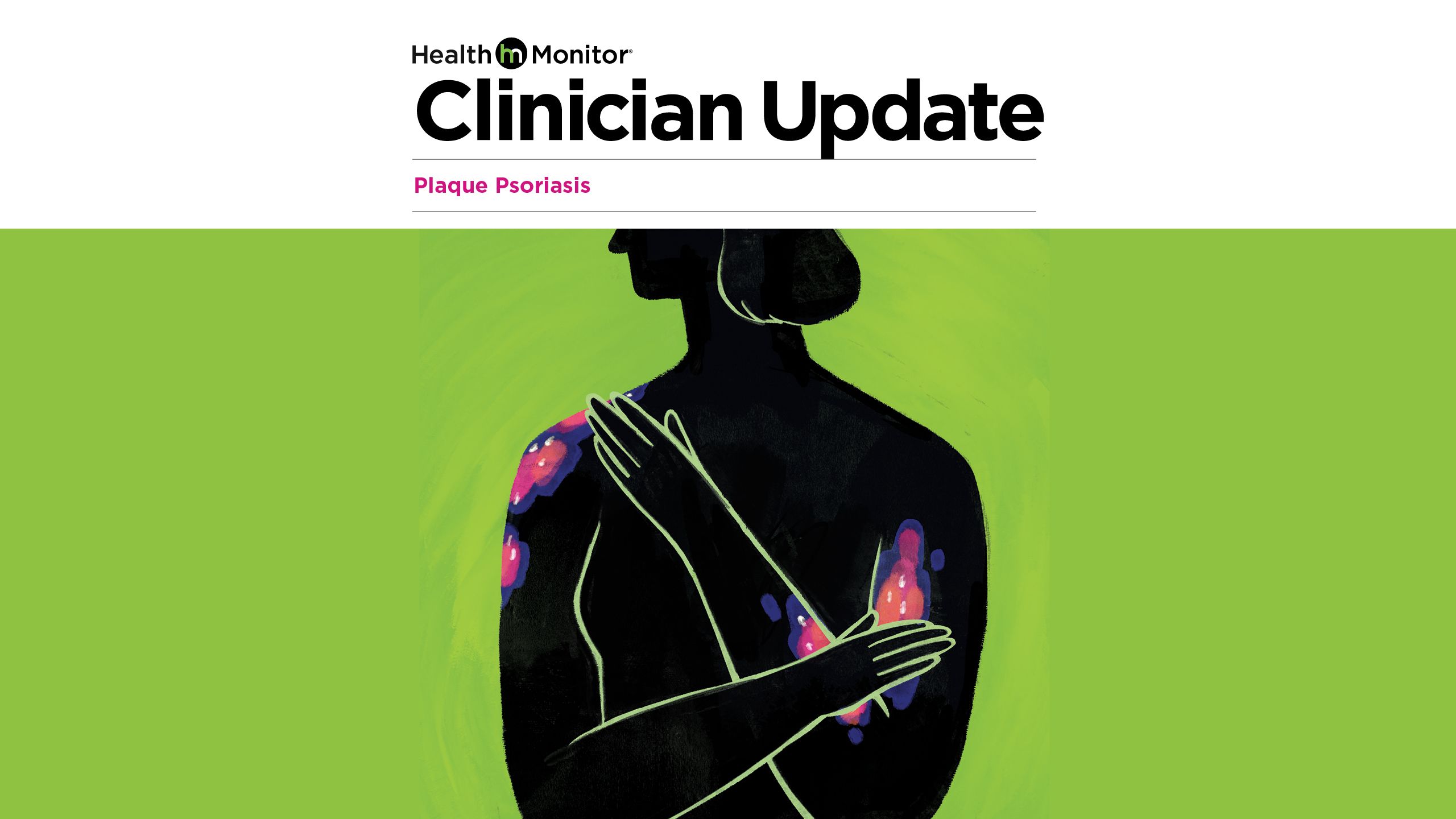 Illustration of upper body with plaque psoriasis for health monitor network clinician update. Skin irritation, chronic inflammation, dermatology.  