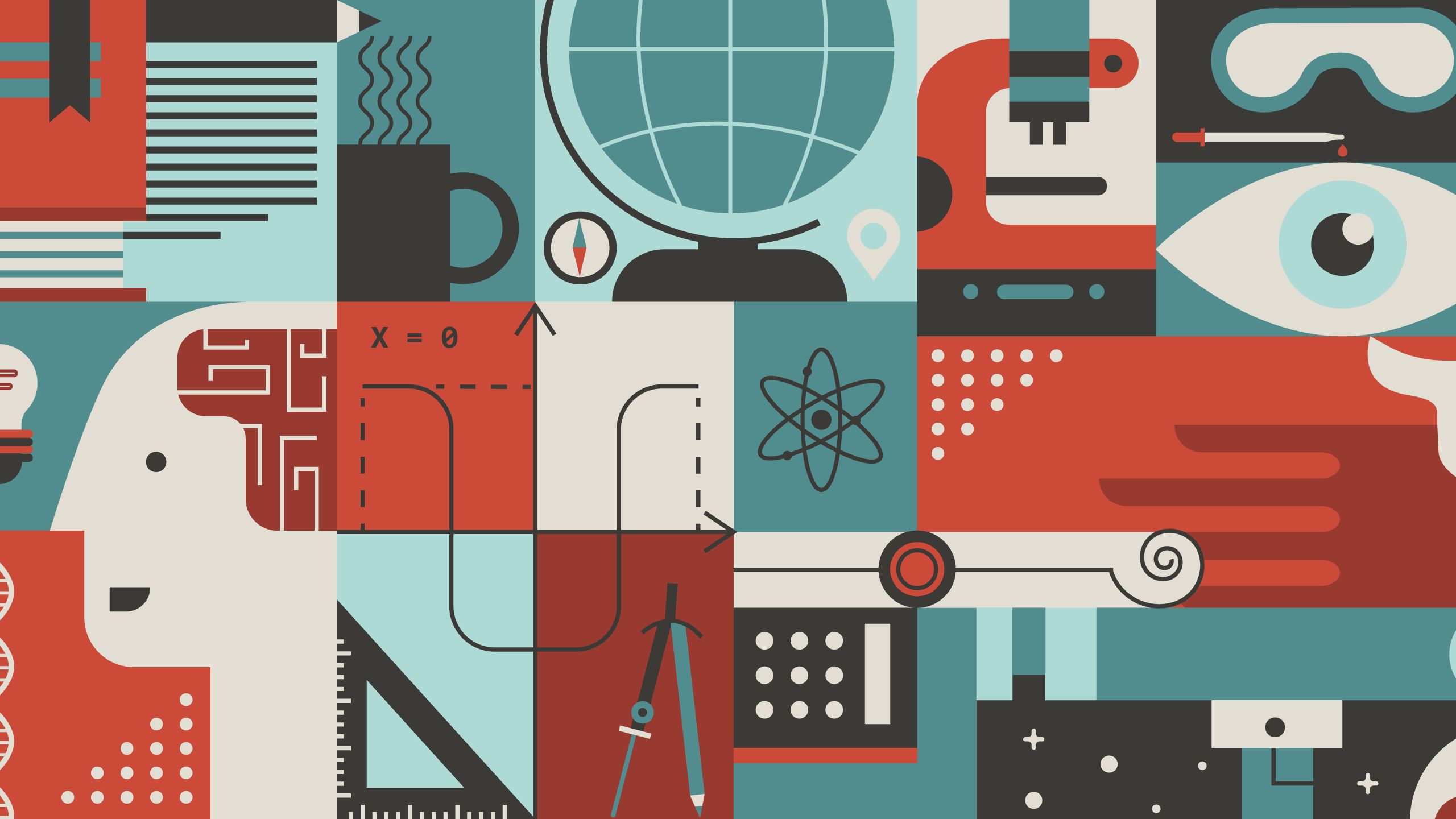 Scientific image collage with microscope, eyes, coffee, globe.