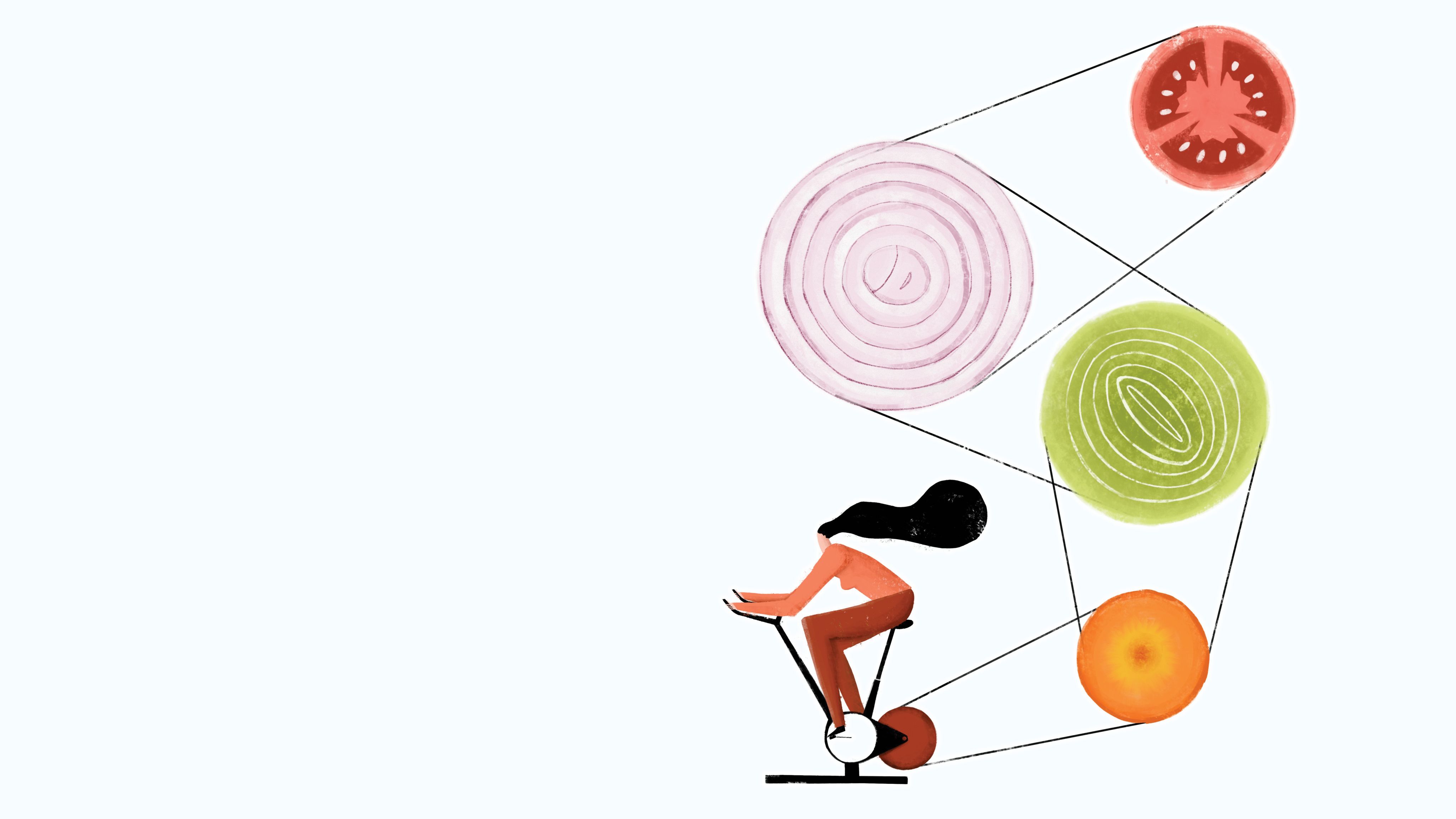 An illustration of a healthy person riding a bike with vegetables. They are eating healthy and using weight loss therapy to combat disease and plaque psoriasis.