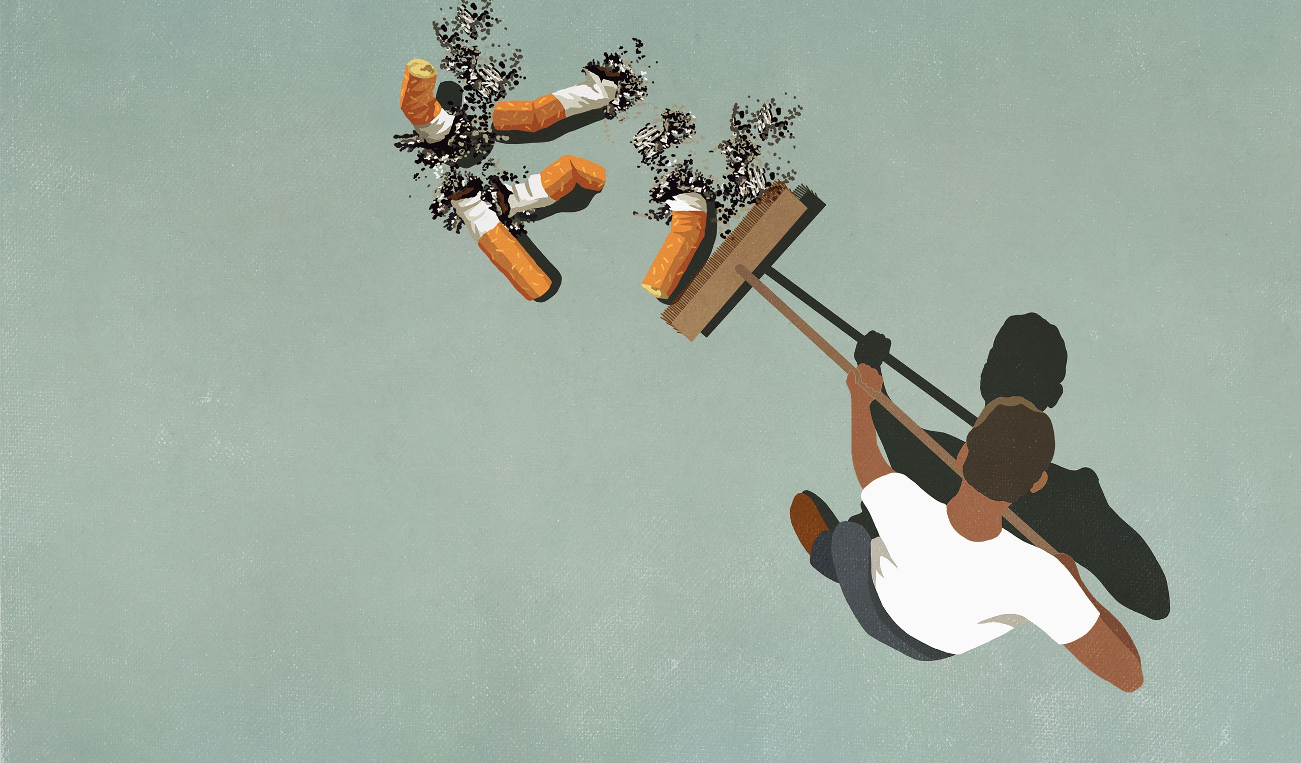 An illustration of a man sweeping up cigarettes 